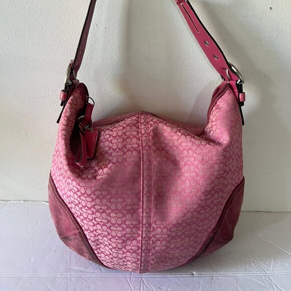 Y2K COACH VINTAGE SIGNATURE CANVAS SUEDE TRIM HOBO SHOULDER BAG PINK - Picture 1 of 8